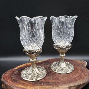 Godinger Silverplate Candlestick Holders w Pressed Glass Tulip Cups Pair 7”
